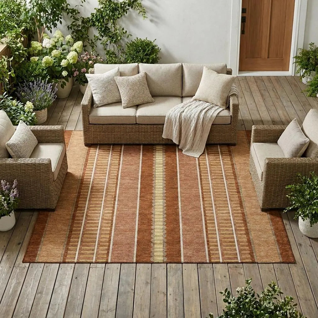 8' X 10' Orange And Gray Striped Washable Indoor Outdoor Area Rug Homeroots Outdoor