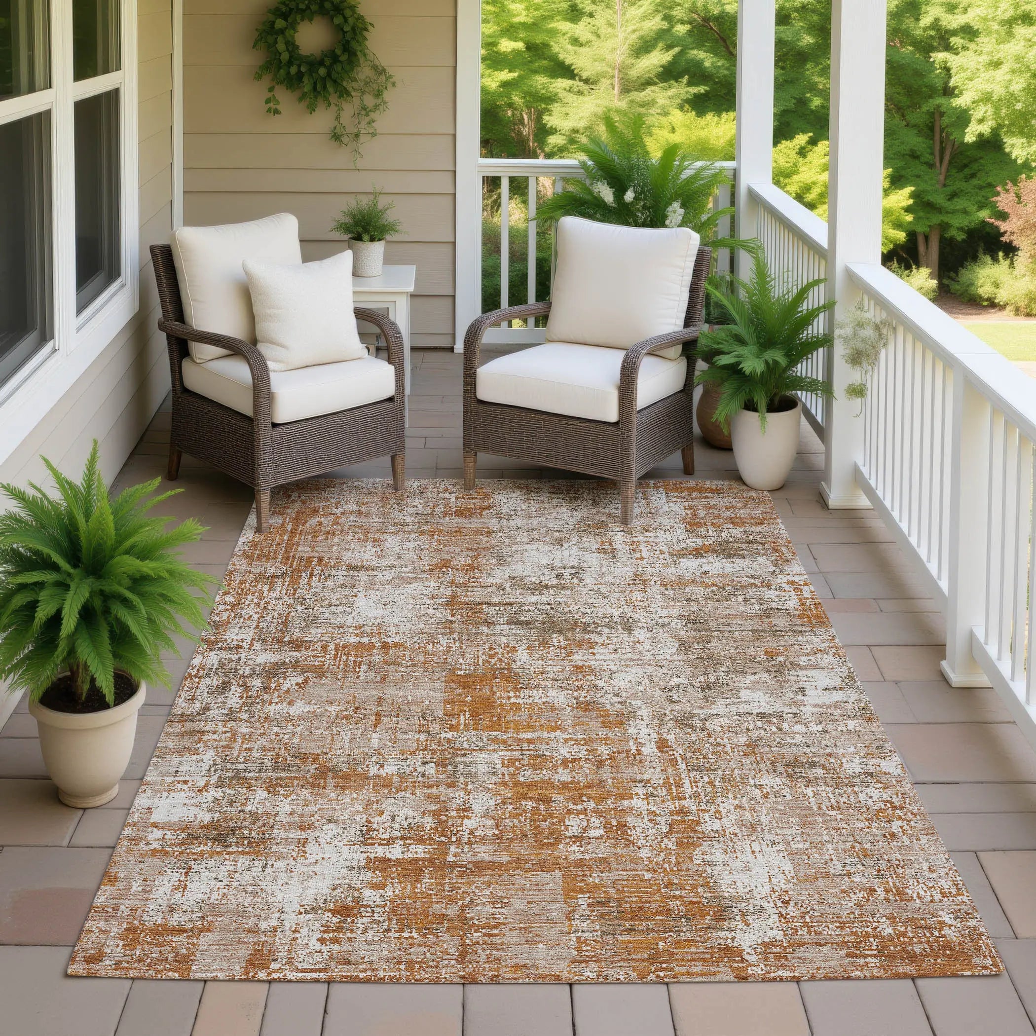 8' X 10' Orange And Green Abstract Washable Indoor Outdoor Area Rug Homeroots Outdoor