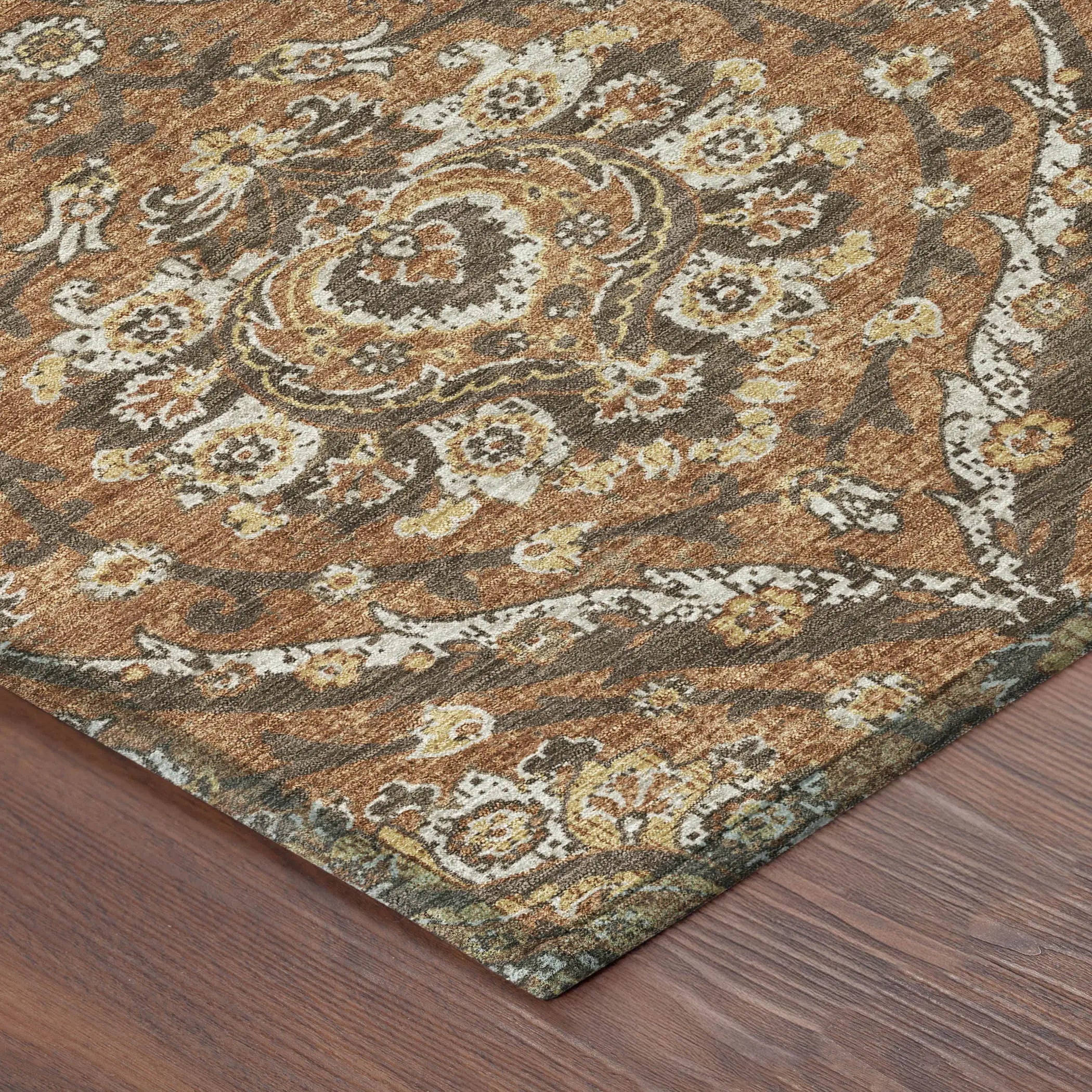 8' X 10' Orange And Green Floral Washable Indoor Outdoor Area Rug Homeroots Outdoor