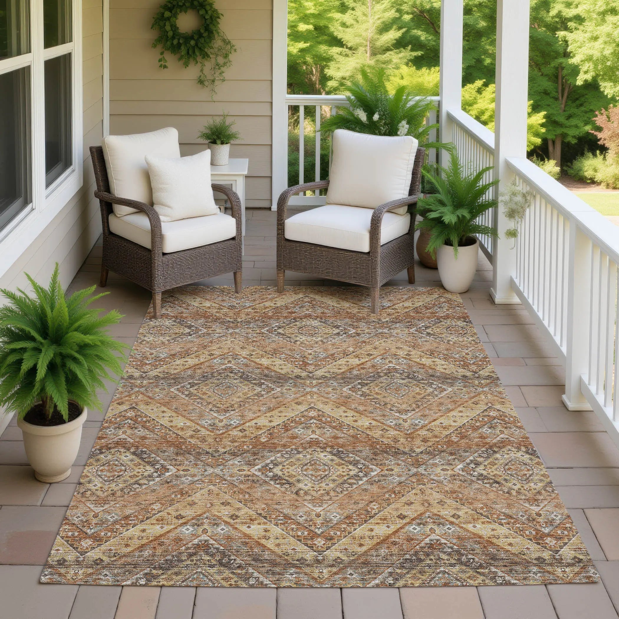 8' X 10' Orange And Green Tribal Washable Indoor Outdoor Area Rug Homeroots Outdoor