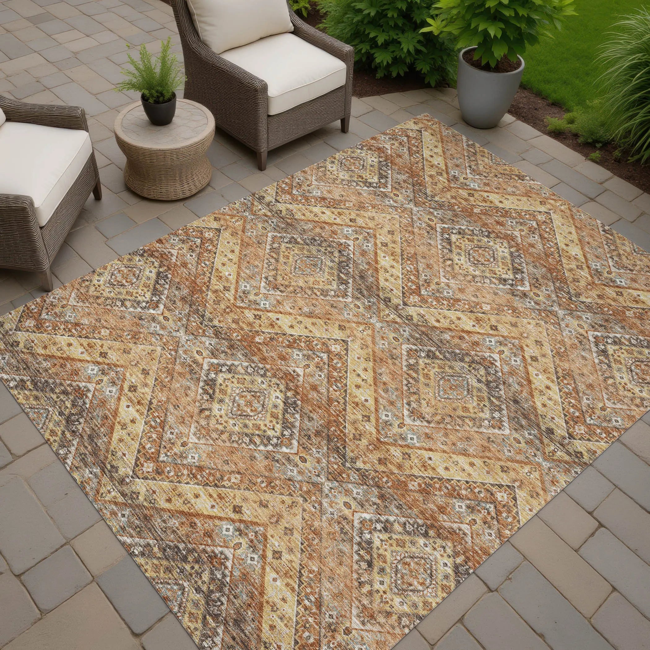 8' X 10' Orange And Green Tribal Washable Indoor Outdoor Area Rug Homeroots Outdoor