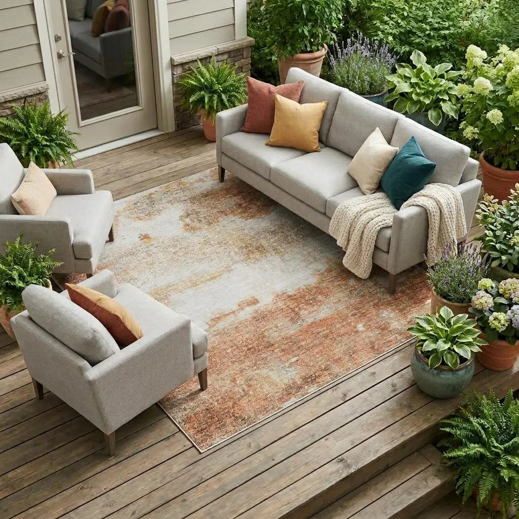 8' X 10' Orange And Ivory Abstract Washable Indoor Outdoor Area Rug Homeroots Outdoor