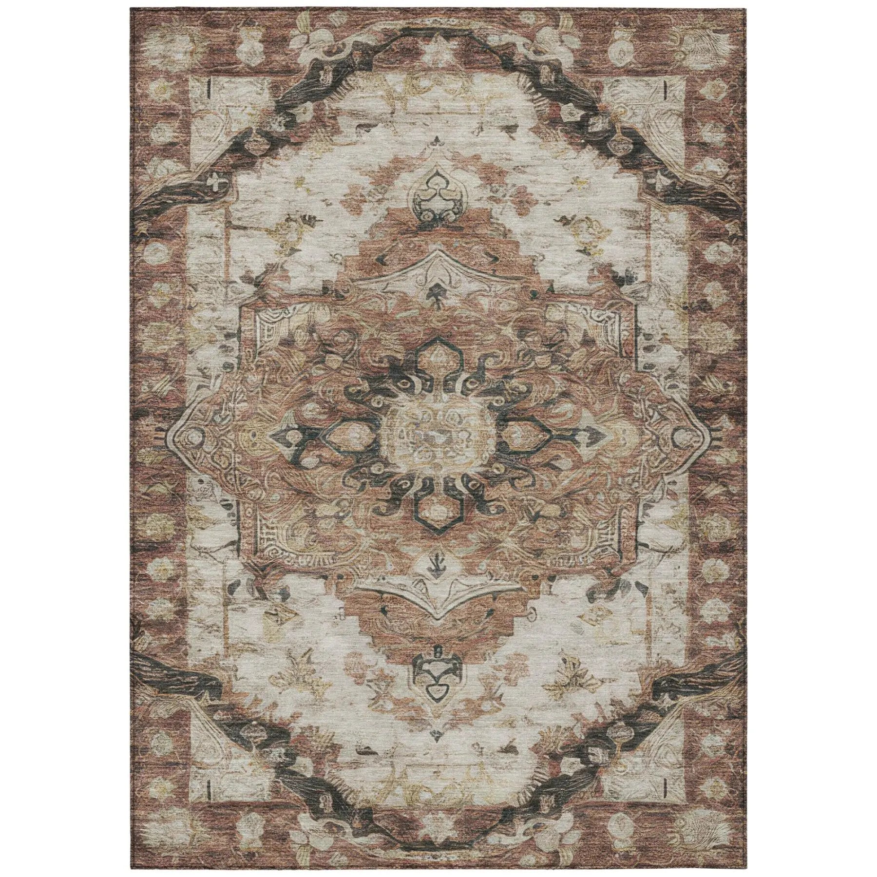 8' X 10' Orange And Ivory Floral Medallion Washable Indoor Outdoor Area Rug Homeroots Outdoor