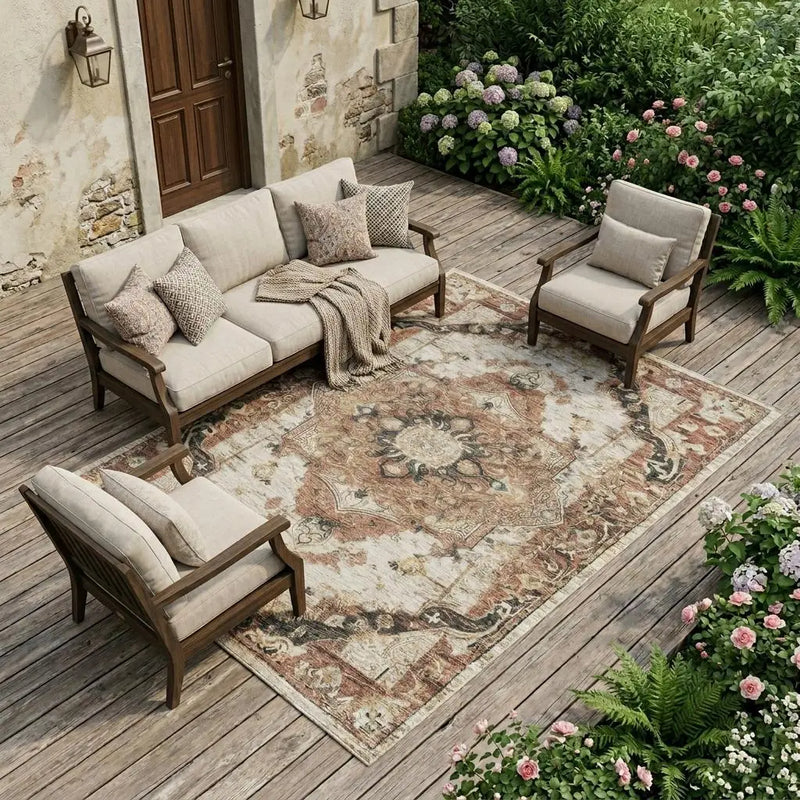 8' X 10' Orange And Ivory Floral Medallion Washable Indoor Outdoor Area Rug Homeroots Outdoor
