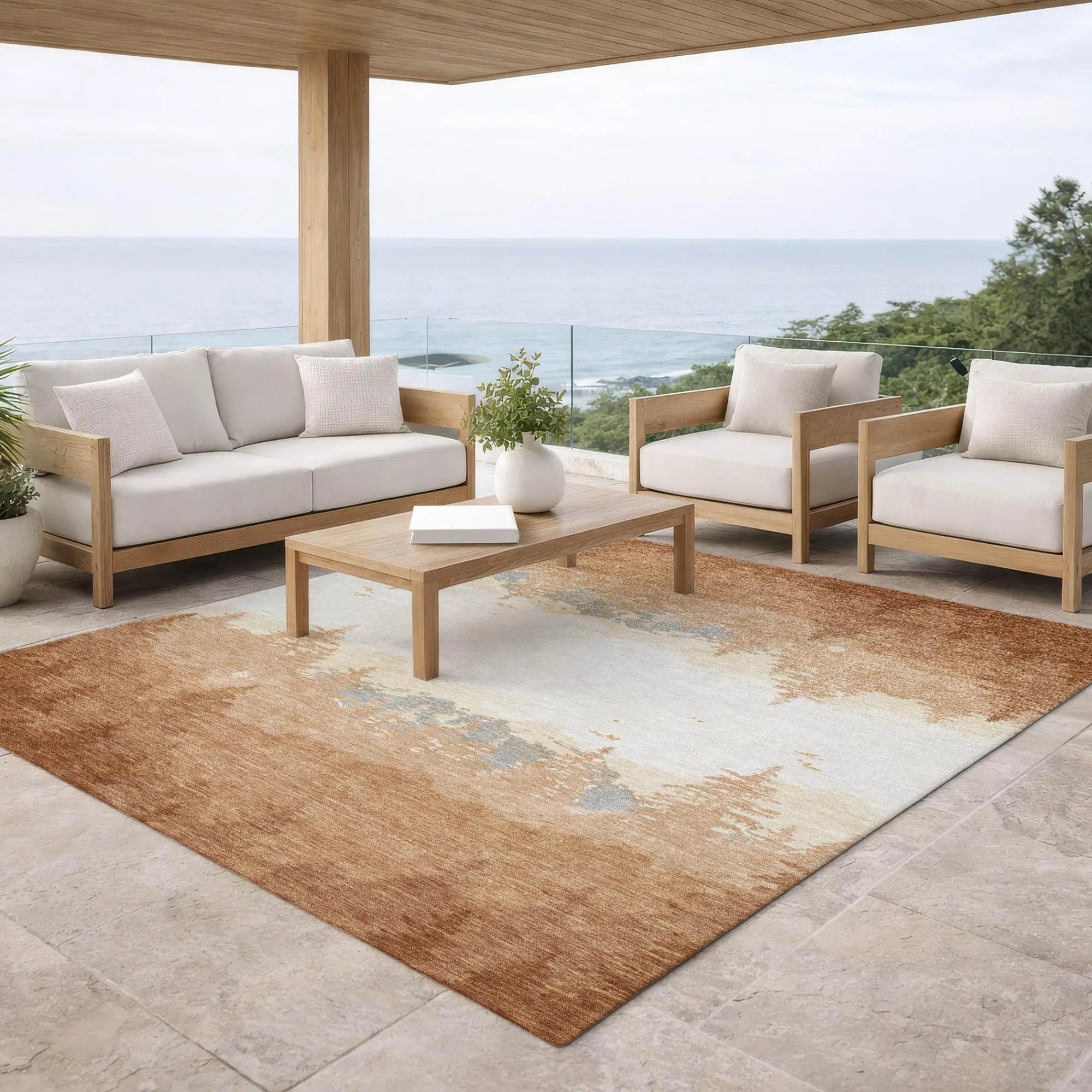8' X 10' Orange And Ivory Floral Washable Indoor Outdoor Area Rug Homeroots Outdoor