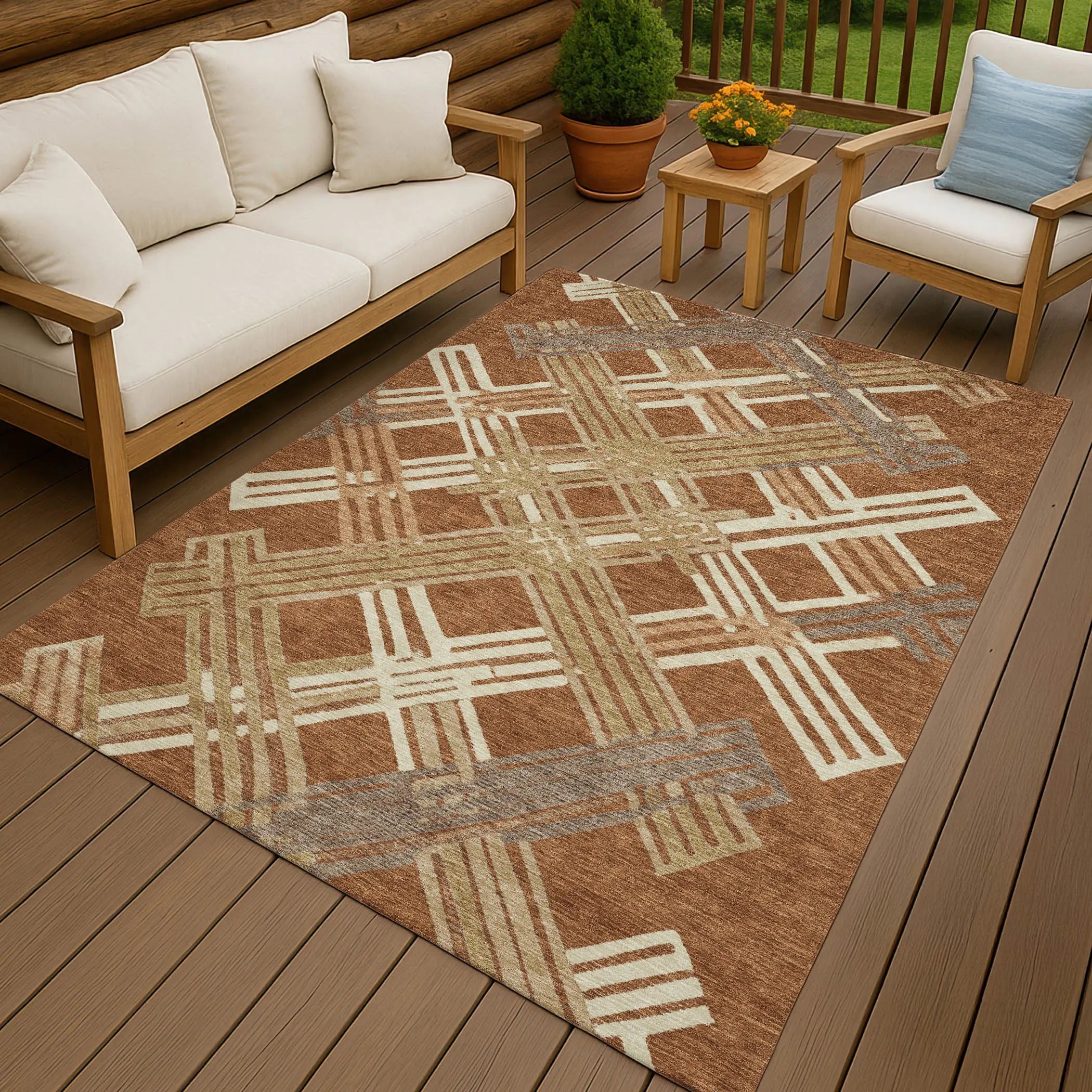 8' X 10' Orange And Ivory Geometric Washable Indoor Outdoor Area Rug Homeroots Outdoor