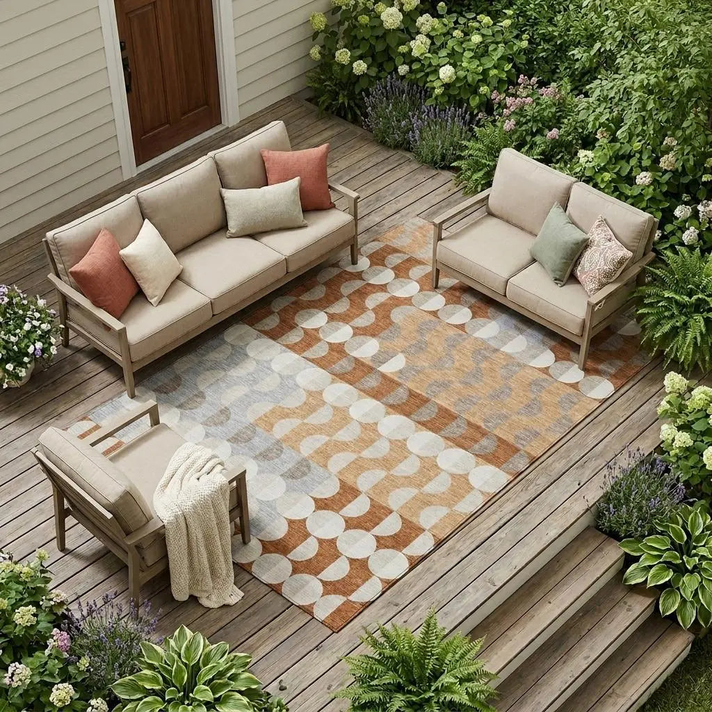 8' X 10' Orange And Ivory Geometric Washable Indoor Outdoor Area Rug Homeroots Outdoor