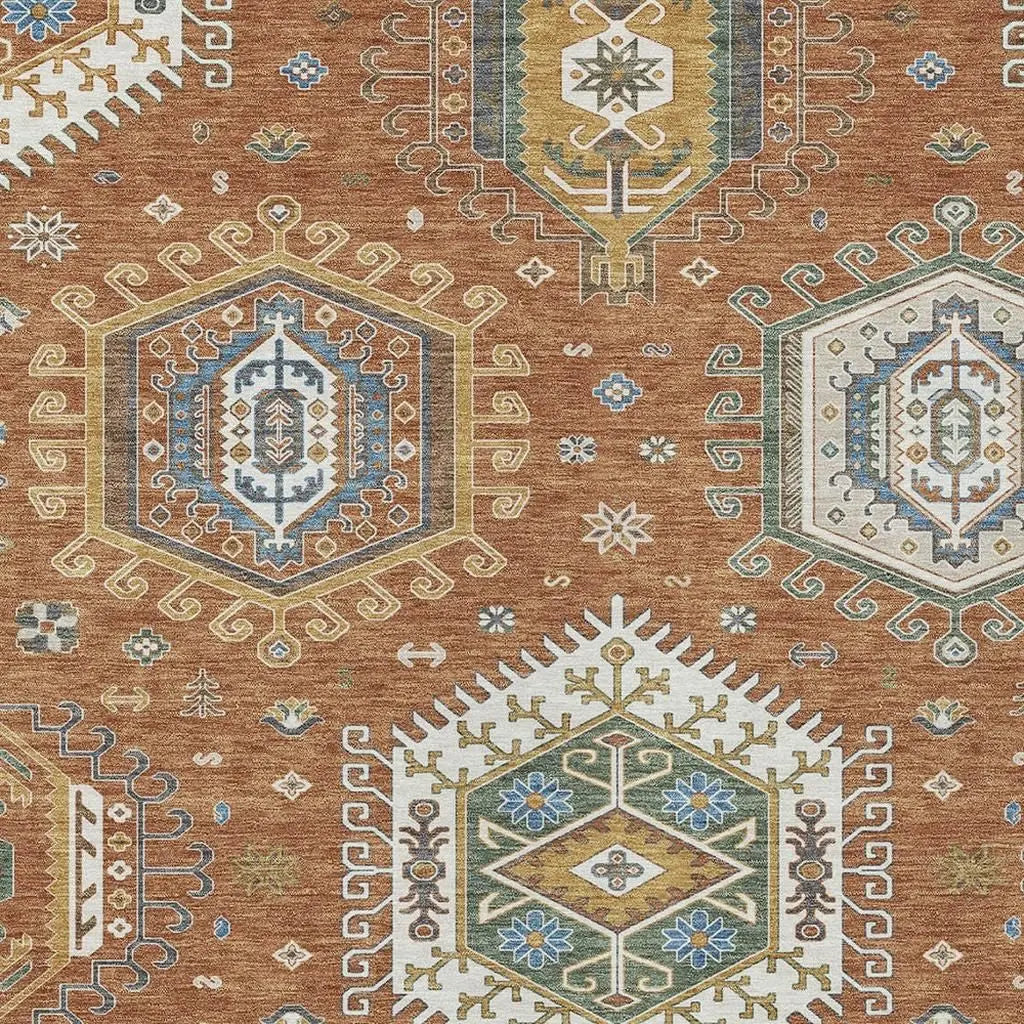 8' X 10' Orange And Ivory Tribal Washable Indoor Outdoor Area Rug Homeroots Outdoor