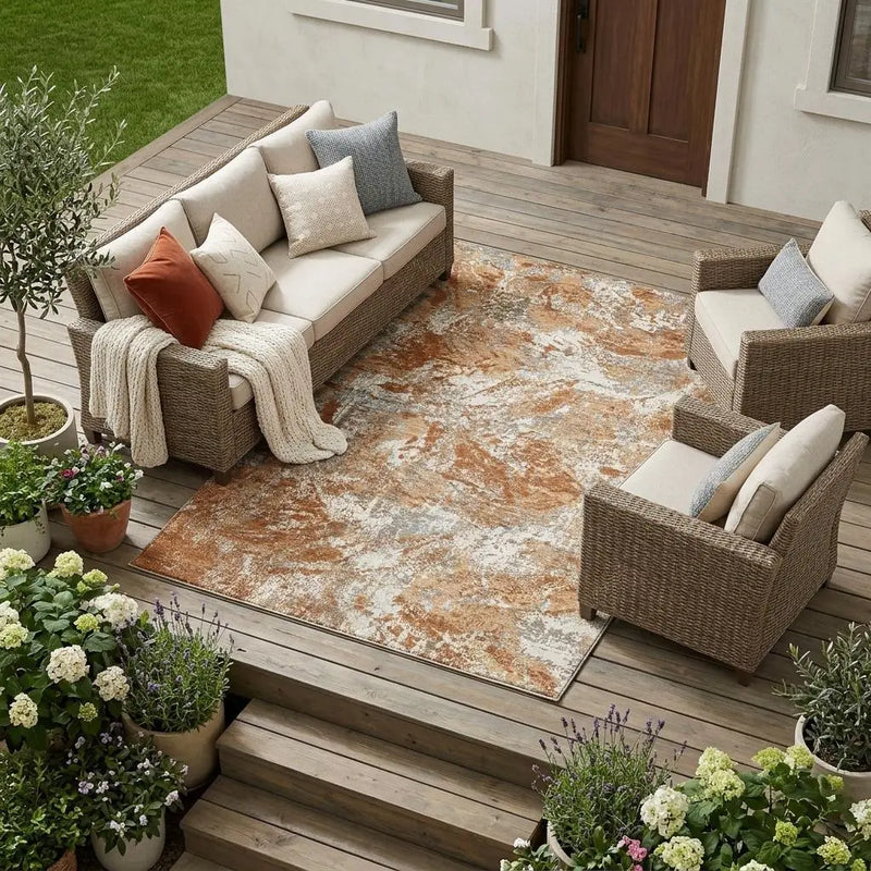 8' X 10' Orange And Khaki Abstract Washable Indoor Outdoor Area Rug Homeroots Outdoor