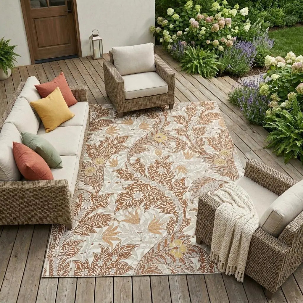 8' X 10' Orange And Khaki Botanical Leaves Washable Indoor Outdoor Area Rug Homeroots Outdoor