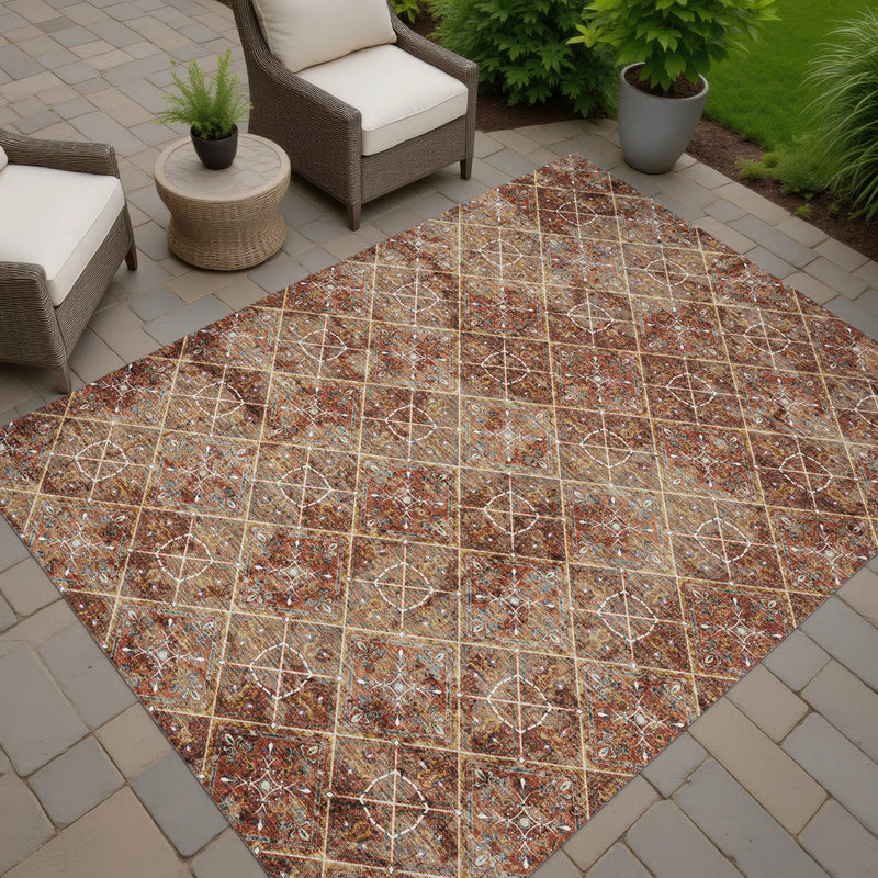 8' X 10' Orange And Khaki Geometric Washable Indoor Outdoor Area Rug Homeroots Outdoor