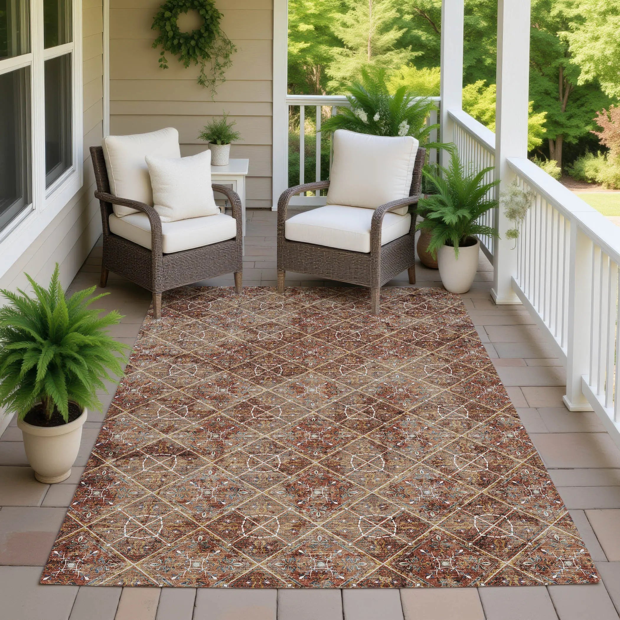 8' X 10' Orange And Khaki Geometric Washable Indoor Outdoor Area Rug Homeroots Outdoor