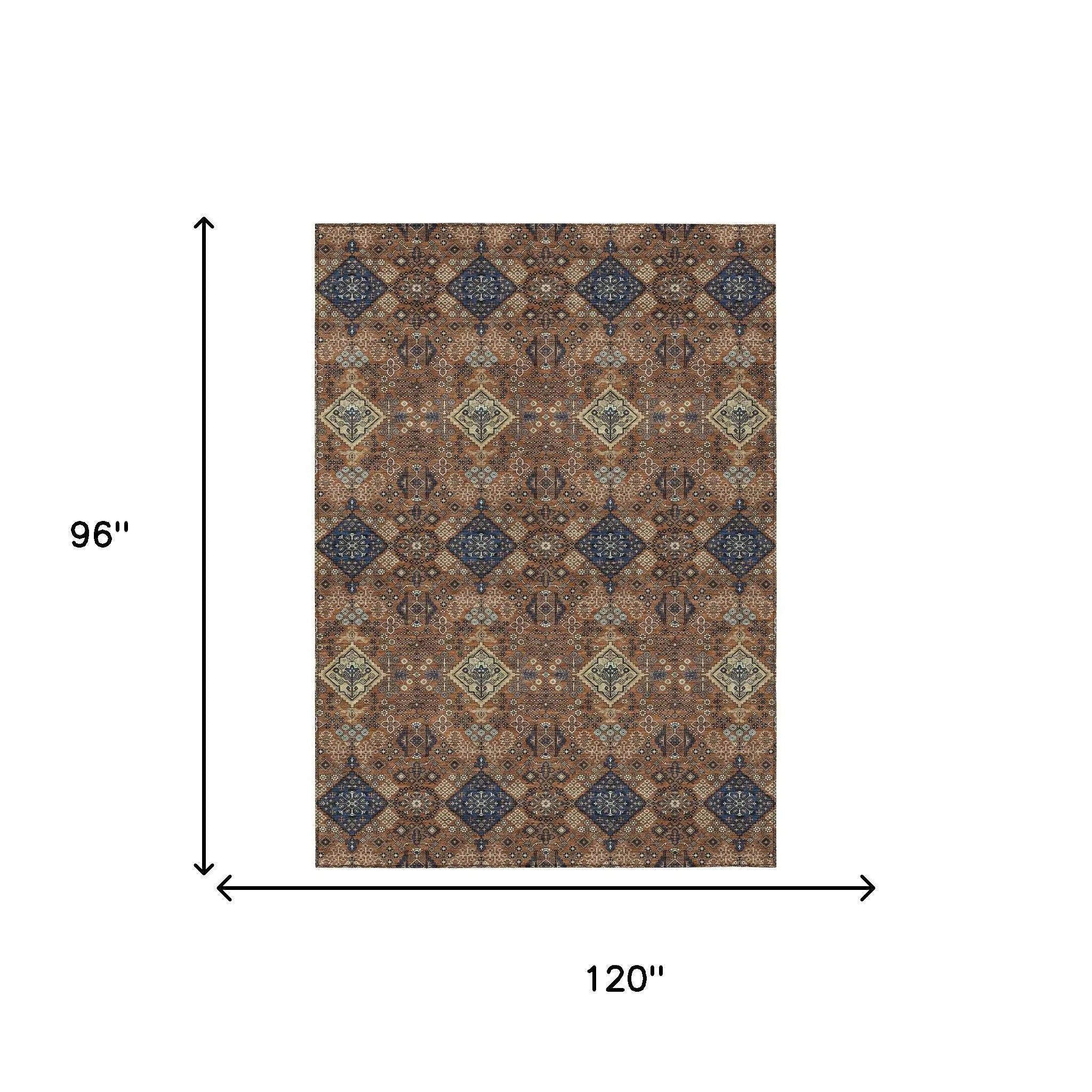 8' X 10' Orange And Navy Blue Geometric Washable Indoor Outdoor Area Rug Homeroots Outdoor
