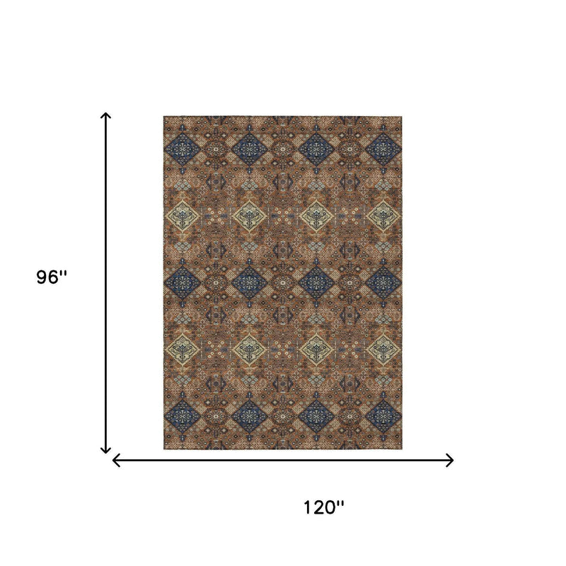 8' X 10' Orange And Navy Blue Geometric Washable Indoor Outdoor Area Rug Homeroots Outdoor