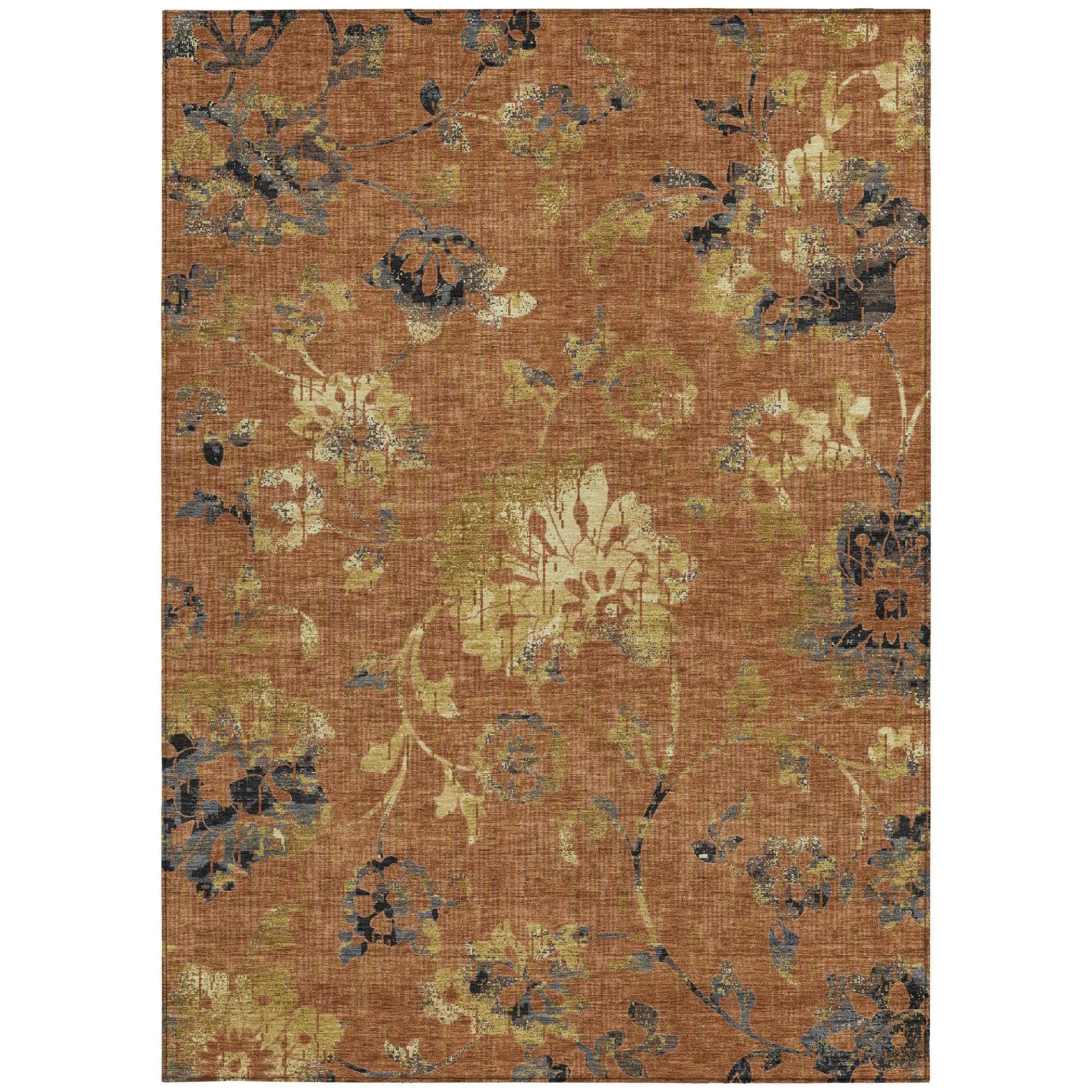8' X 10' Orange And Rust Floral Washable Indoor Outdoor Area Rug Homeroots Outdoor