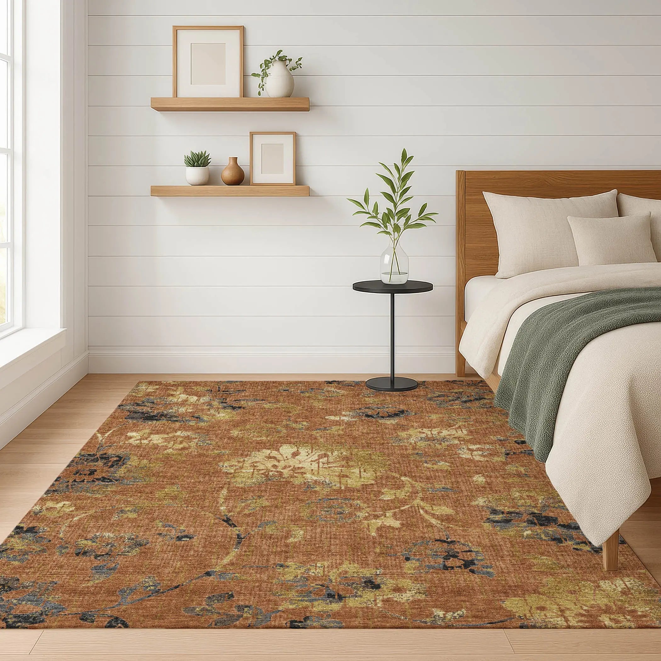 8' X 10' Orange And Rust Floral Washable Indoor Outdoor Area Rug Homeroots Outdoor