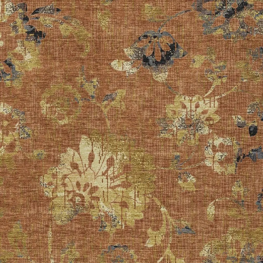8' X 10' Orange And Rust Floral Washable Indoor Outdoor Area Rug Homeroots Outdoor
