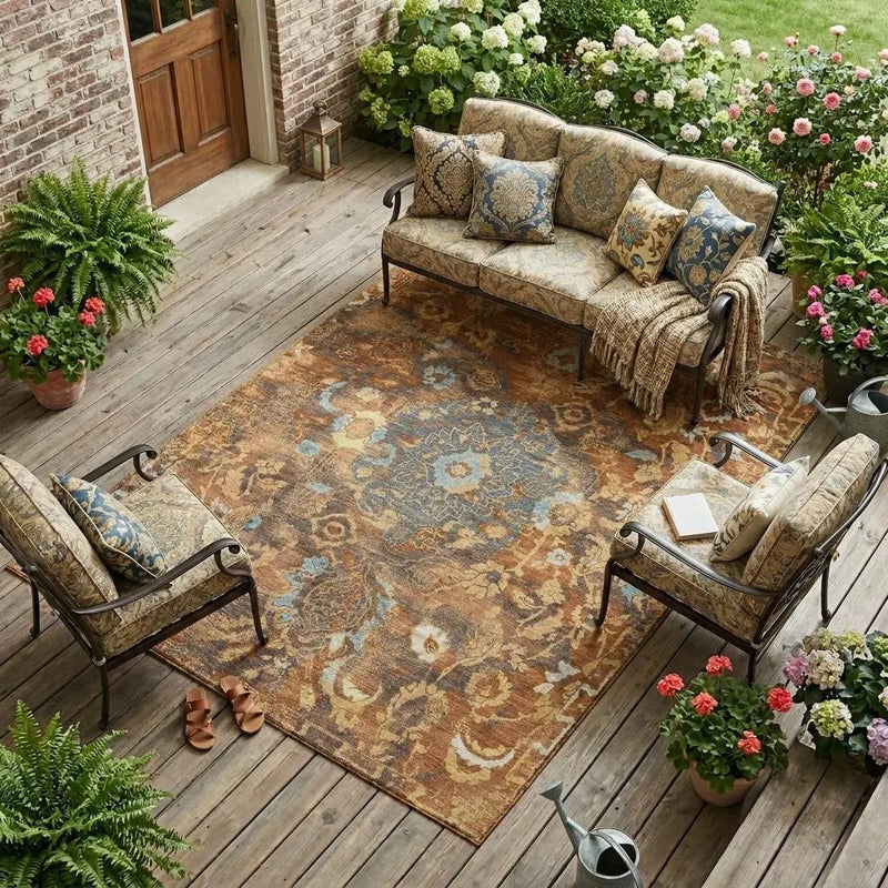 8' X 10' Orange And Rust Floral Washable Indoor Outdoor Area Rug Homeroots Outdoor