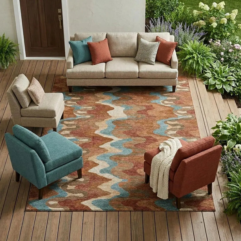 8' X 10' Orange And Teal Blue Abstract Washable Indoor Outdoor Area Rug Homeroots Outdoor