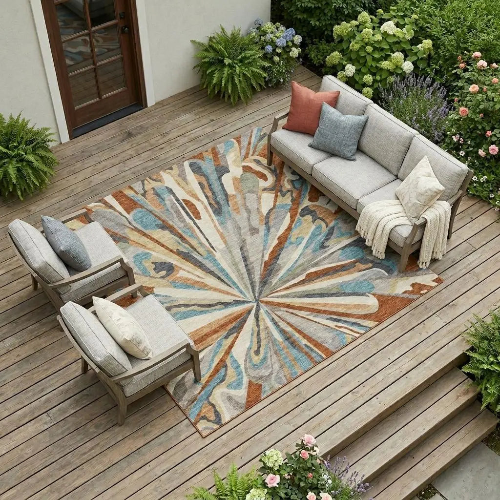 8' X 10' Orange And Teal Blue Abstract Washable Indoor Outdoor Area Rug Homeroots Outdoor