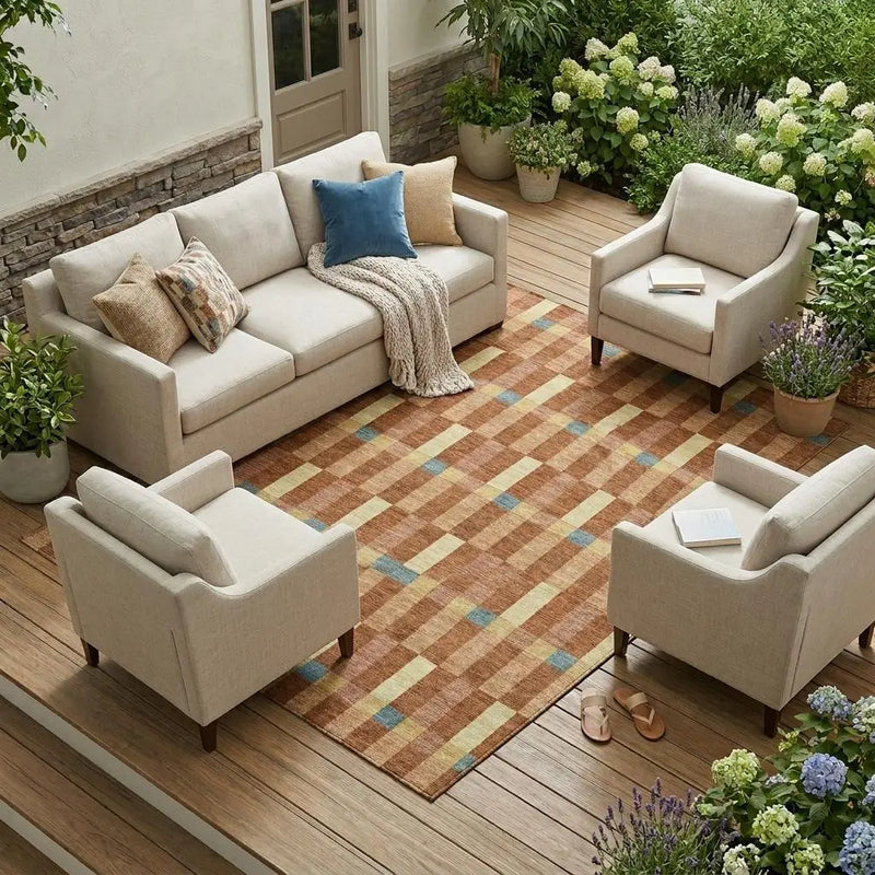 8' X 10' Orange And Teal Blue Geometric Washable Indoor Outdoor Area Rug Homeroots Outdoor
