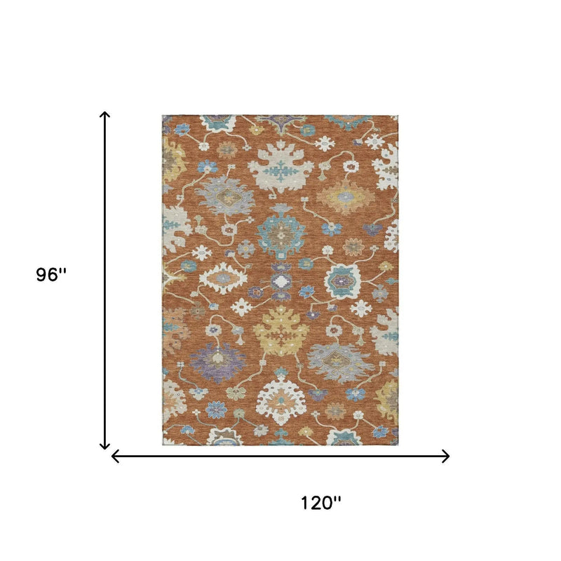 8' X 10' Orange And Teal Blue Oriental Washable Indoor Outdoor Area Rug Homeroots Outdoor