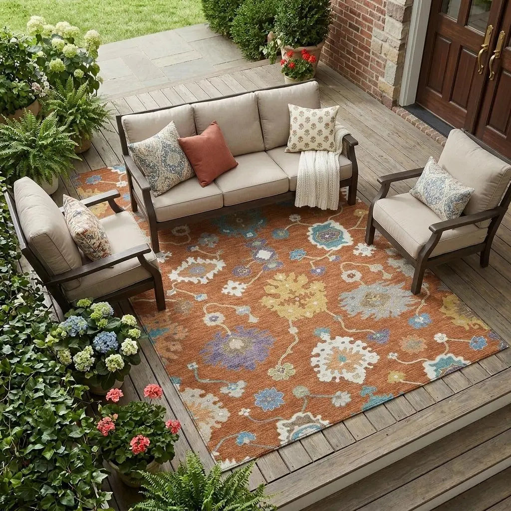 8' X 10' Orange And Teal Blue Oriental Washable Indoor Outdoor Area Rug Homeroots Outdoor
