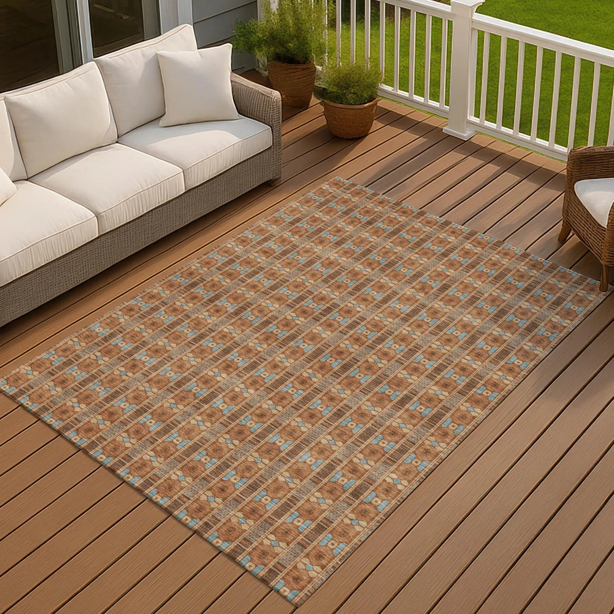 8' X 10' Orange And Teal Blue Striped Washable Indoor Outdoor Area Rug Homeroots Outdoor