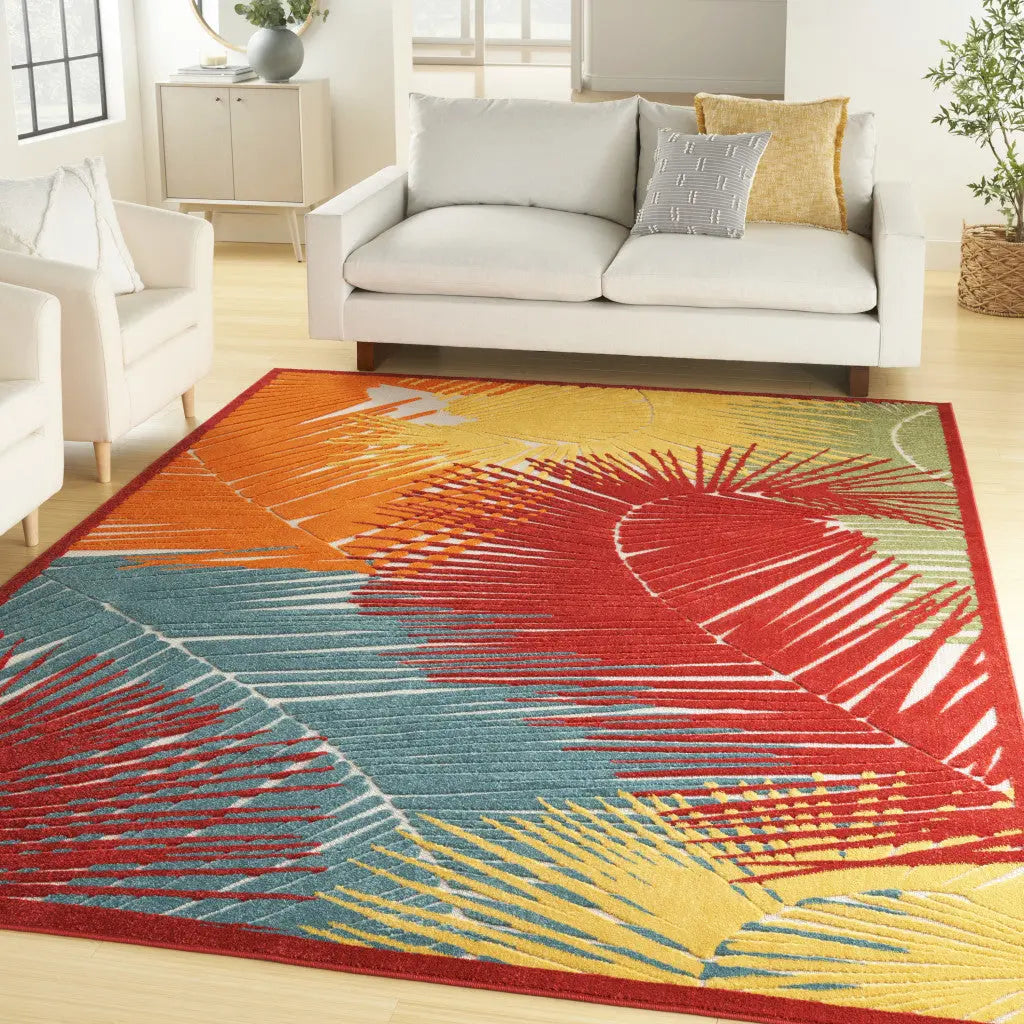 8' X 10' Orange Yellow Red Blue And Green Palm Leaf Indoor Outdoor Area Rug - GreatEagleInc