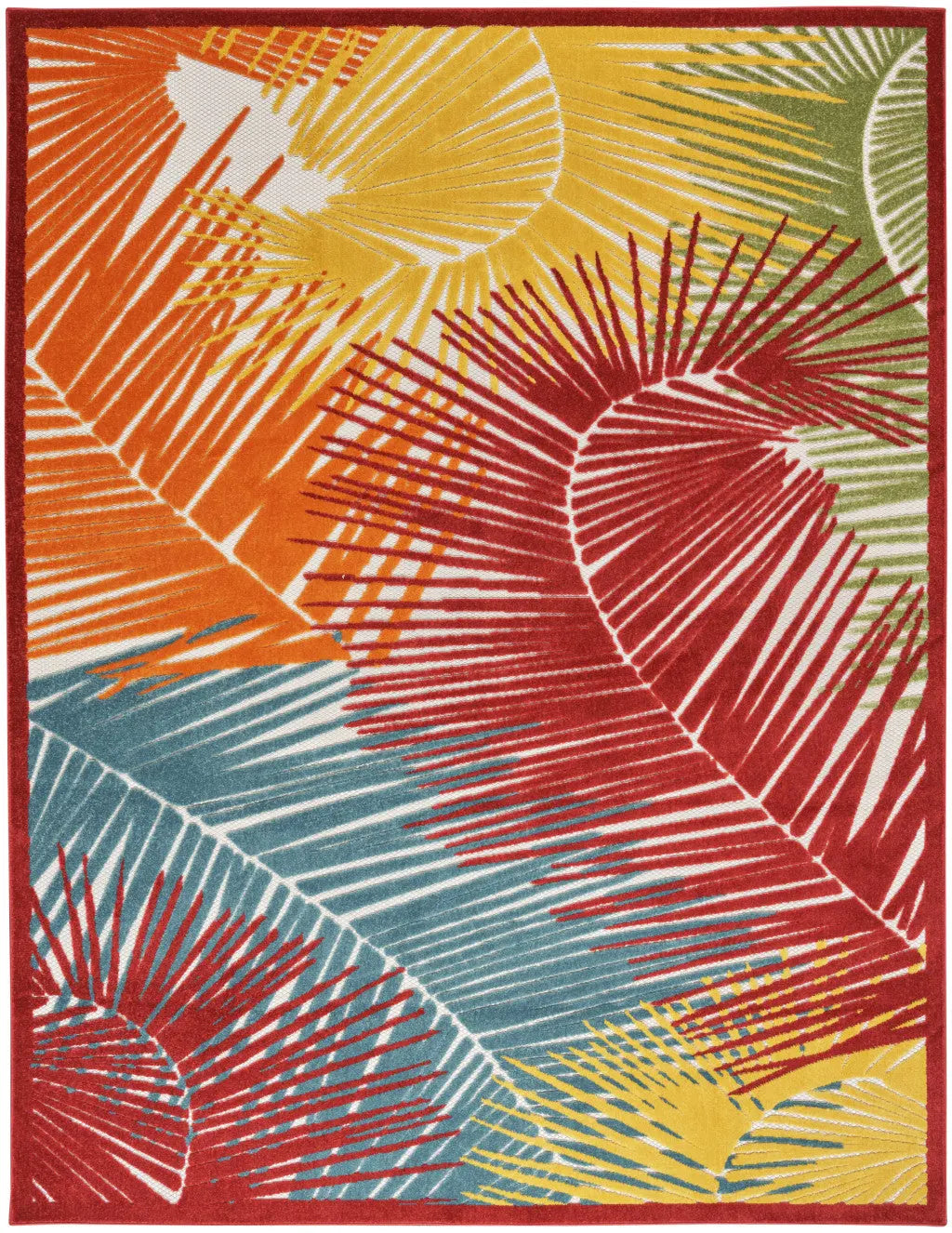 8' X 10' Orange Yellow Red Blue And Green Palm Leaf Indoor Outdoor Area Rug - GreatEagleInc