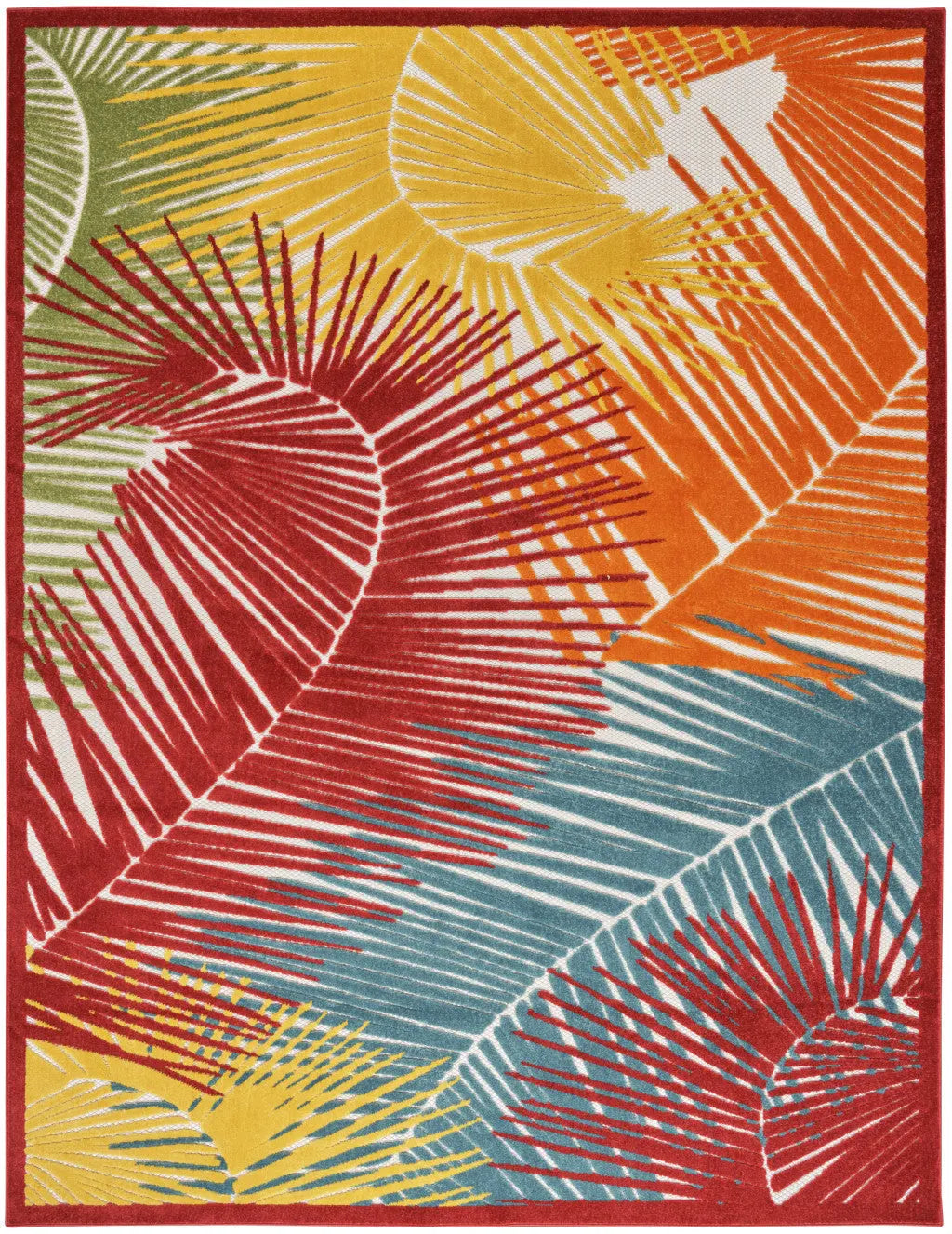 8' X 10' Orange Yellow Red Blue And Green Palm Leaf Indoor Outdoor Area Rug - GreatEagleInc
