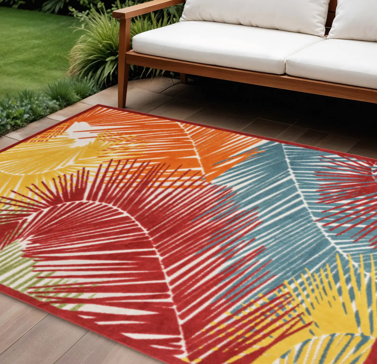 8' X 10' Orange Yellow Red Blue And Green Palm Leaf Indoor Outdoor Area Rug - GreatEagleInc