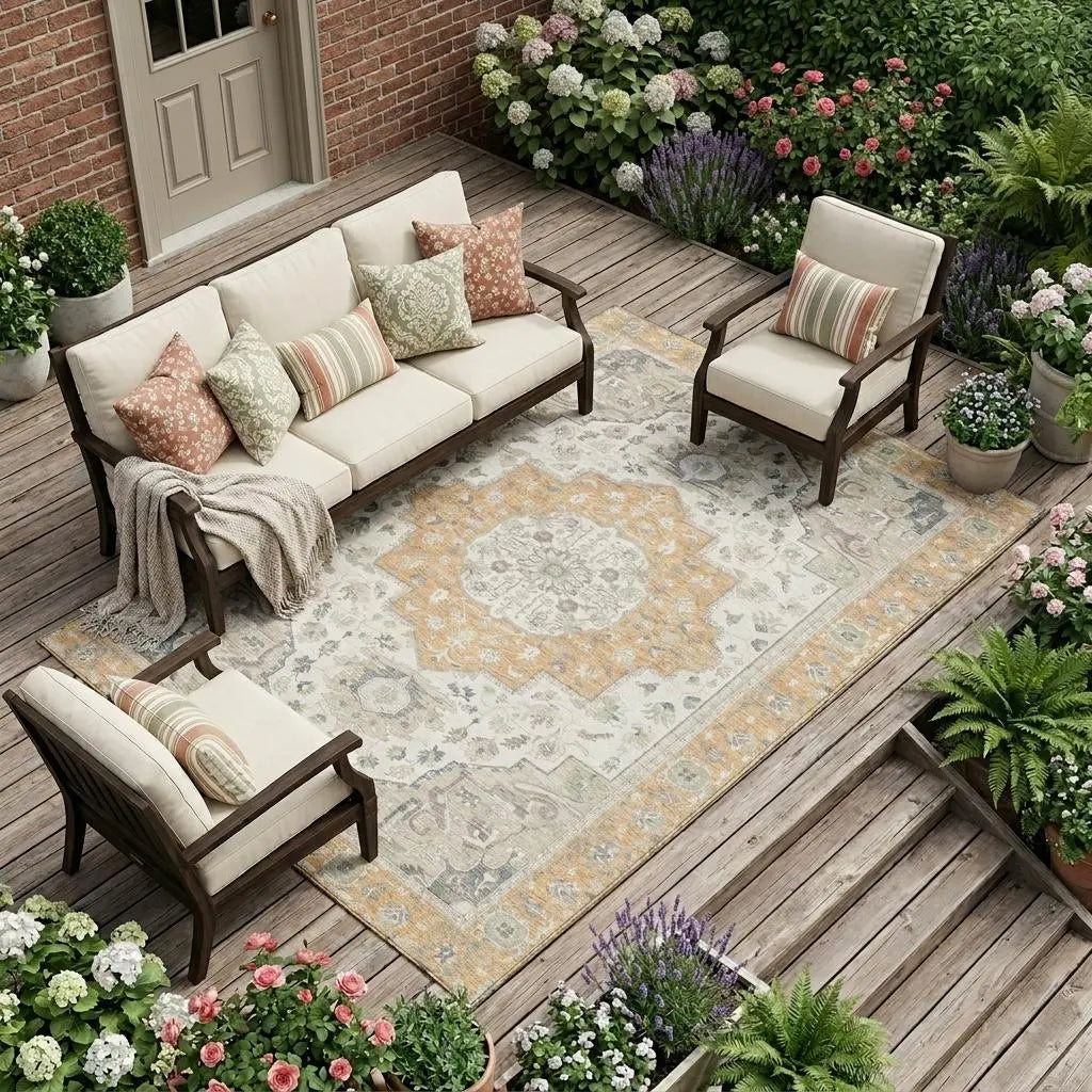 8' X 10' Peach And Gold Oriental Washable Indoor Outdoor Area Rug Homeroots Outdoor