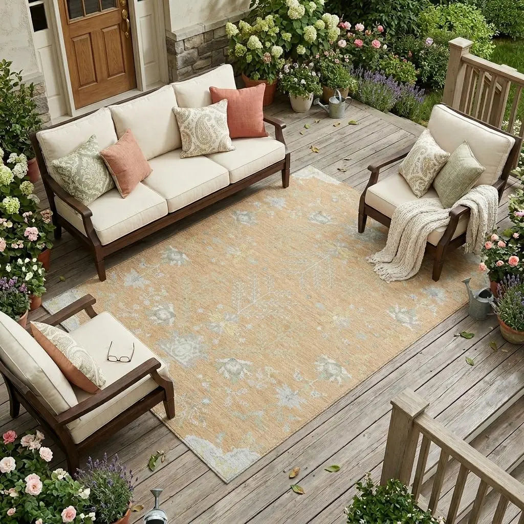 8' X 10' Peach And Ivory Oriental Washable Indoor Outdoor Area Rug Homeroots Outdoor