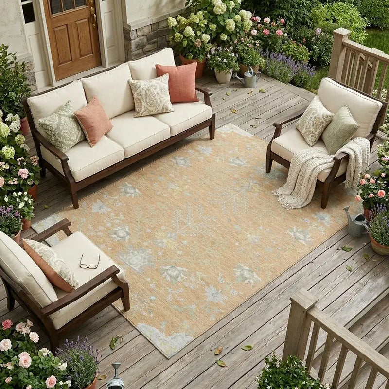8' X 10' Peach And Ivory Oriental Washable Indoor Outdoor Area Rug Homeroots Outdoor