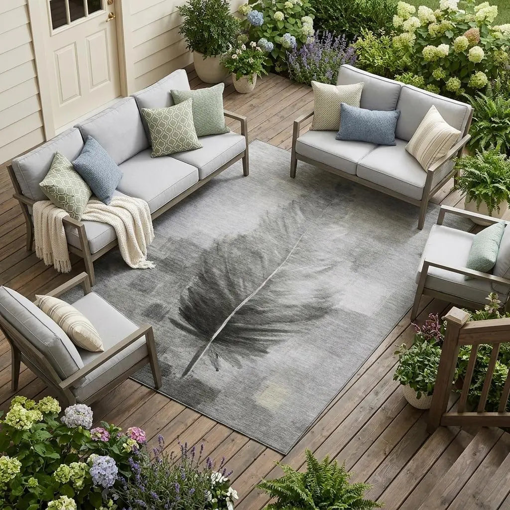 8' X 10' Pewter And Gray Botanical Leaves Washable Indoor Outdoor Area Rug Homeroots Outdoor