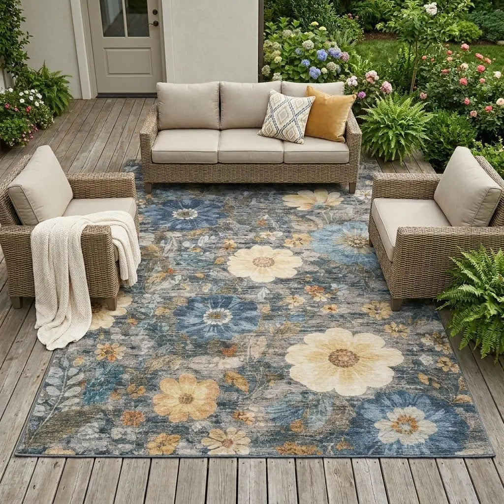 8' X 10' Pewter And Gray Floral Washable Indoor Outdoor Area Rug Homeroots Outdoor