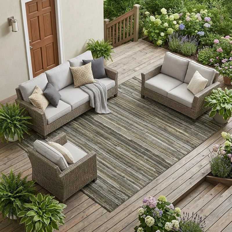 8' X 10' Pewter And Gray Striped Washable Indoor Outdoor Area Rug Homeroots Outdoor