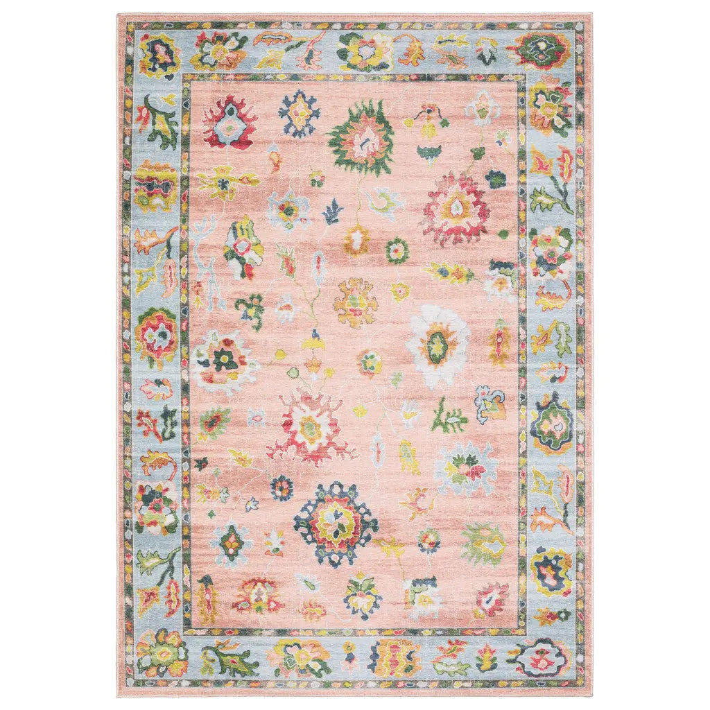 8' X 10' Pink And Blue Oriental Washable Area Rug Homeroots Home Decor