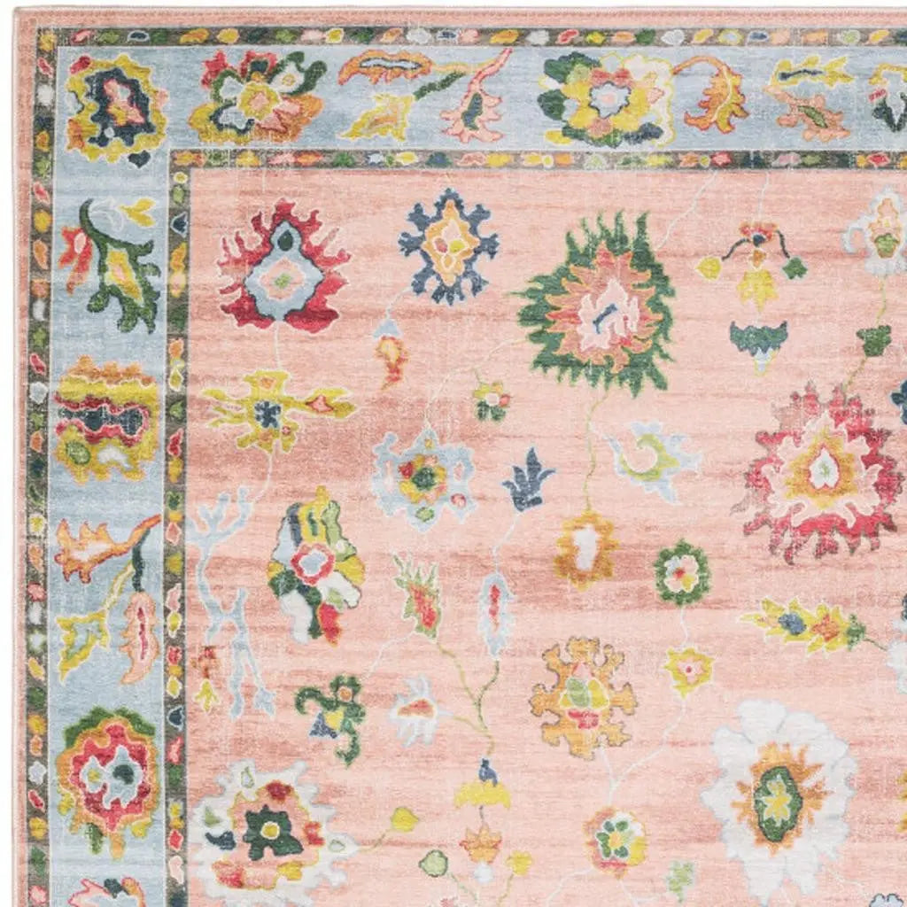 8' X 10' Pink And Blue Oriental Washable Area Rug Homeroots Home Decor