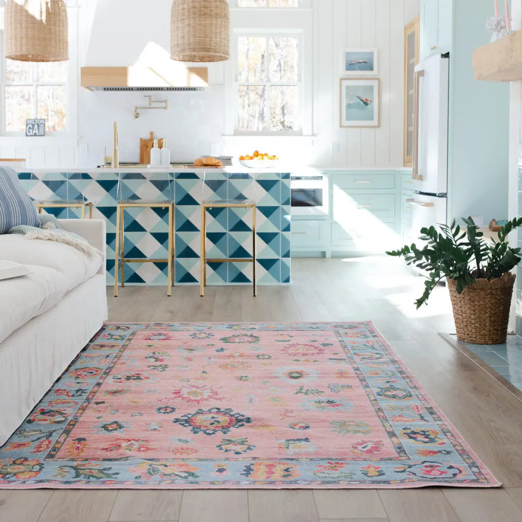8' X 10' Pink And Blue Oriental Washable Area Rug Homeroots Home Decor