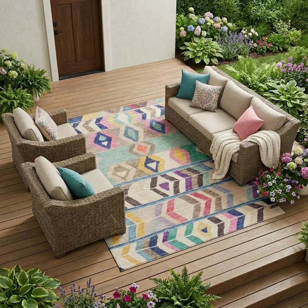 8' X 10' Pink And Blue Tribal Washable Indoor Outdoor Area Rug Homeroots Outdoor