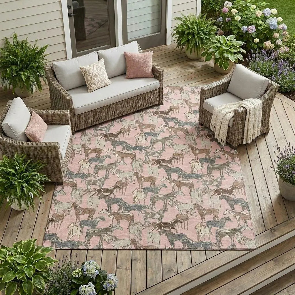 8' X 10' Pink And Gray Horse Washable Indoor Outdoor Area Rug Homeroots Outdoor