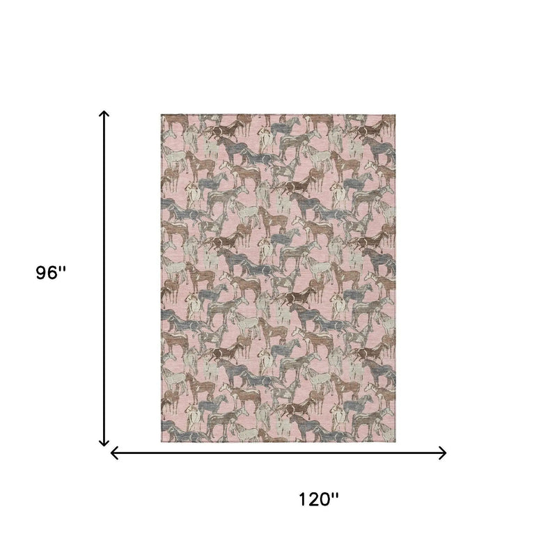8' X 10' Pink And Gray Horse Washable Indoor Outdoor Area Rug Homeroots Outdoor