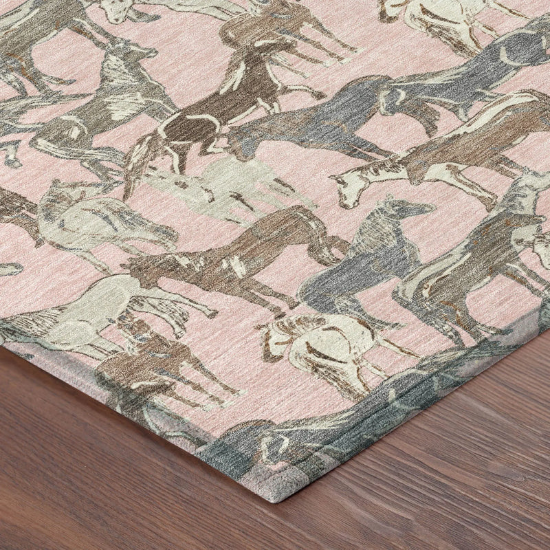 8' X 10' Pink And Gray Horse Washable Indoor Outdoor Area Rug Homeroots Outdoor