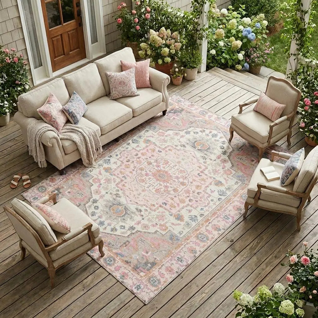8' X 10' Pink And Gray Oriental Washable Indoor Outdoor Area Rug Homeroots Outdoor