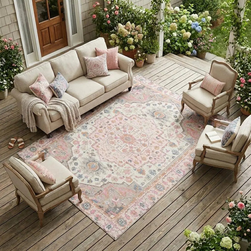 8' X 10' Pink And Gray Oriental Washable Indoor Outdoor Area Rug Homeroots Outdoor
