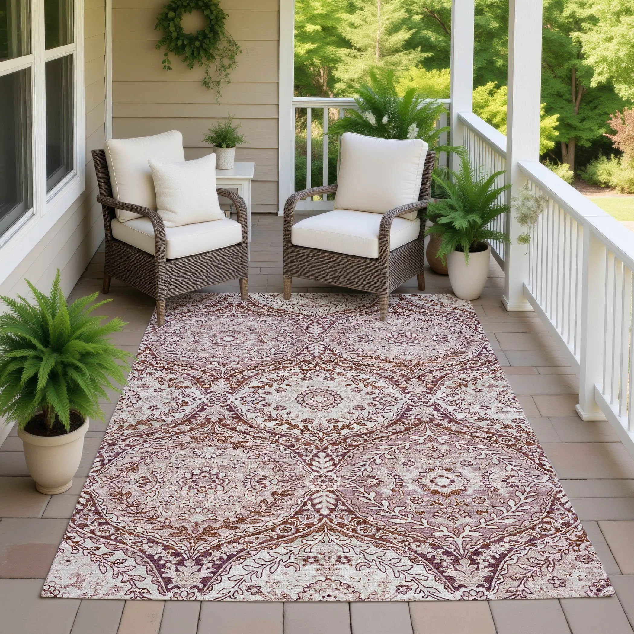 8' X 10' Pink And Green Ogee Washable Indoor Outdoor Area Rug Homeroots Outdoor