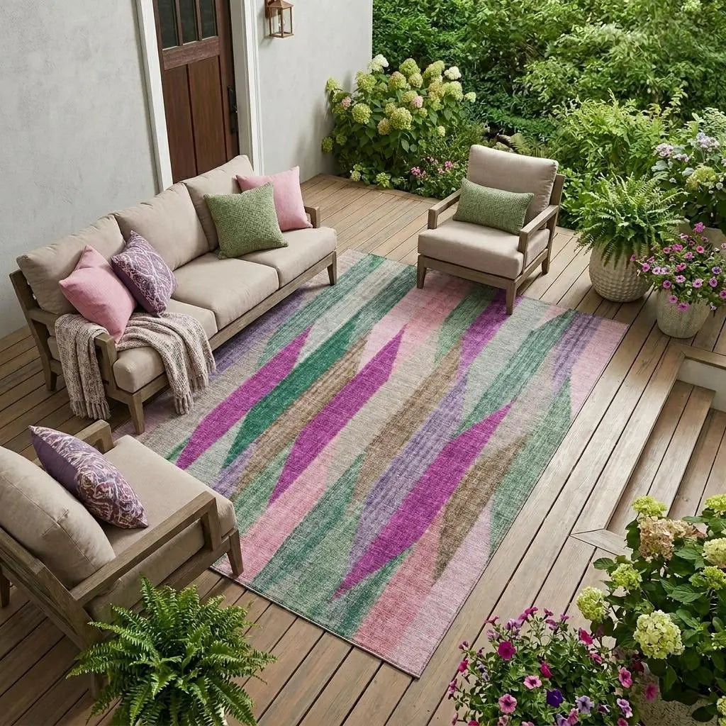 8' X 10' Pink And Green Striped Washable Indoor Outdoor Area Rug Homeroots Outdoor