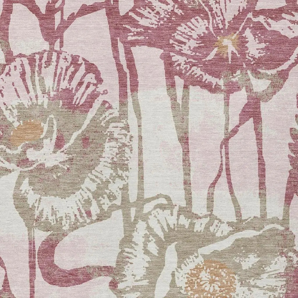 8' X 10' Pink And Linen Floral Washable Indoor Outdoor Area Rug Homeroots Outdoor